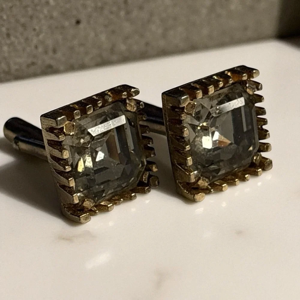 Smoky Gray Cufflinks Large Crystal Rhinestone Gold Tone VTG Square Ridged Edges